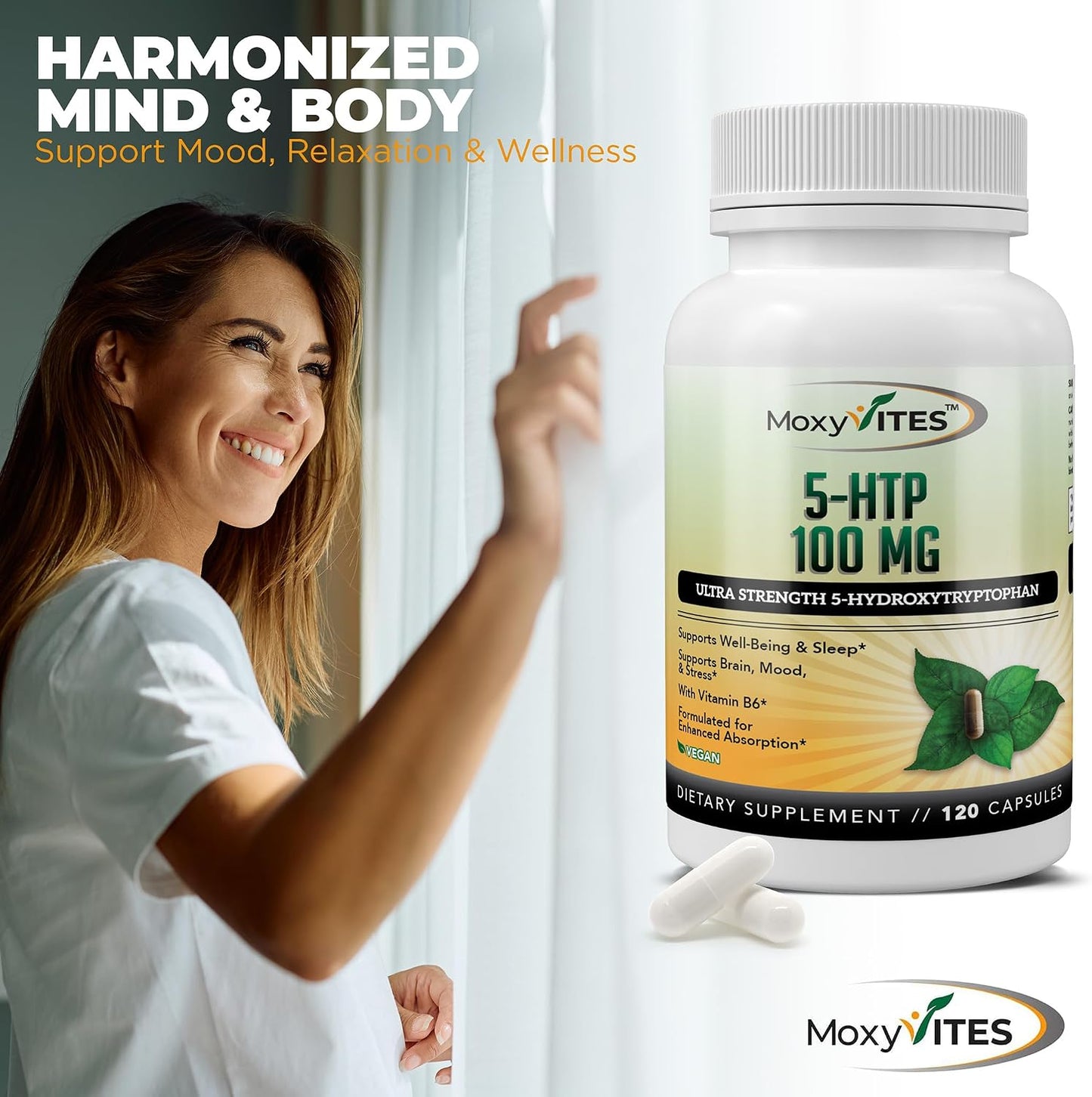 MoxyVites 5HTP 100mg Supplement, Plus B6, 5 HTP Organic Whole Food - Best Serotonin Booster - Non-GMO, 120 Vegan Capsules
