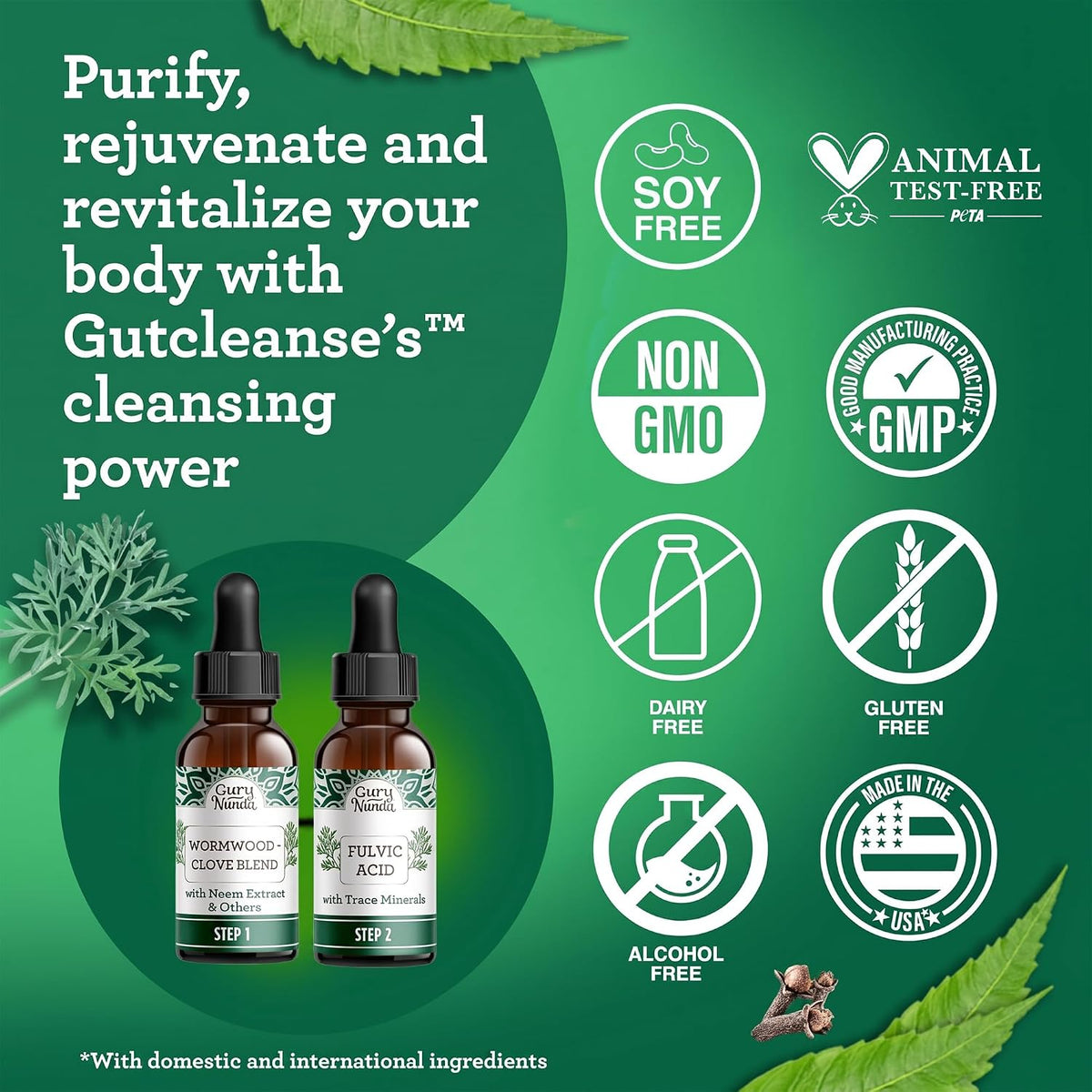 GuruNanda Gutcleanse 2-Step Kit - Dietary Supplement to Help with Digestion - Blend of Fulvic Acid, Wormwood, Clove & Neem Extract, 2x1 FlOz