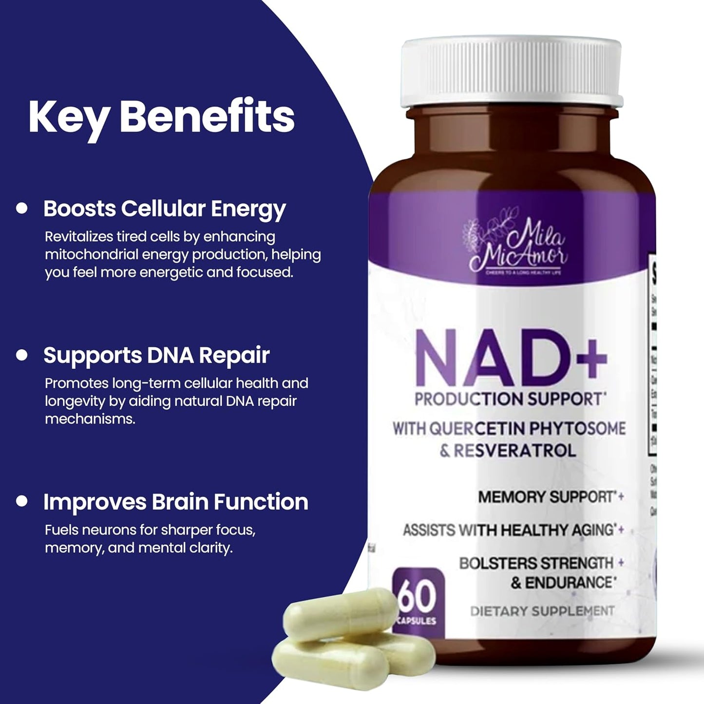 Mila Miamor NAD+ for Cellular Energy & Anti-Aging Supplement| Boost Focus, Vitality & Mitochondrial Function | Supports DNA Repair, Brain Health & Endurance | Non-GMO, Gluten-Free | 60 Capsules