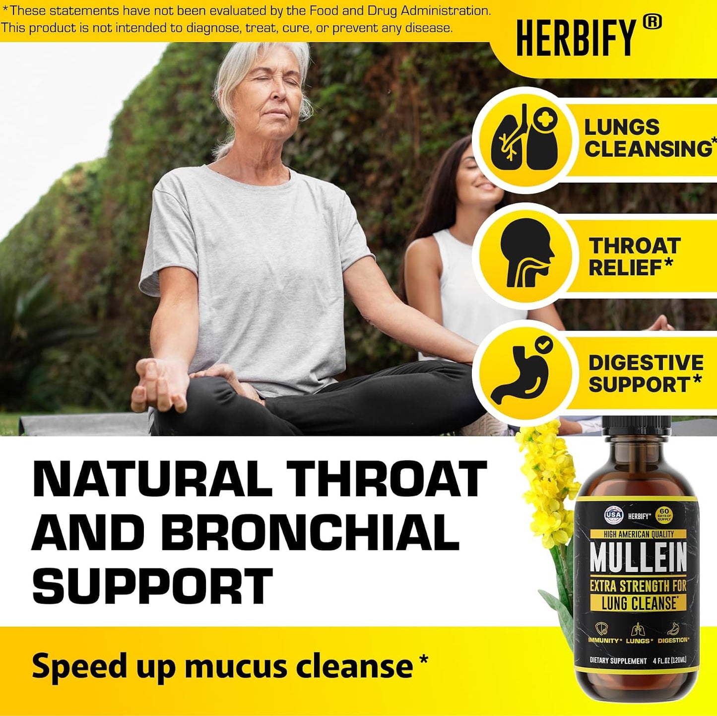 HERBIFY Bundle - Lions Mane & Mullein 4 Fl Oz Drops - Supplement for Memory, Focus & Clarity & Immune Support, Lung Cleanse and Bronchial Support