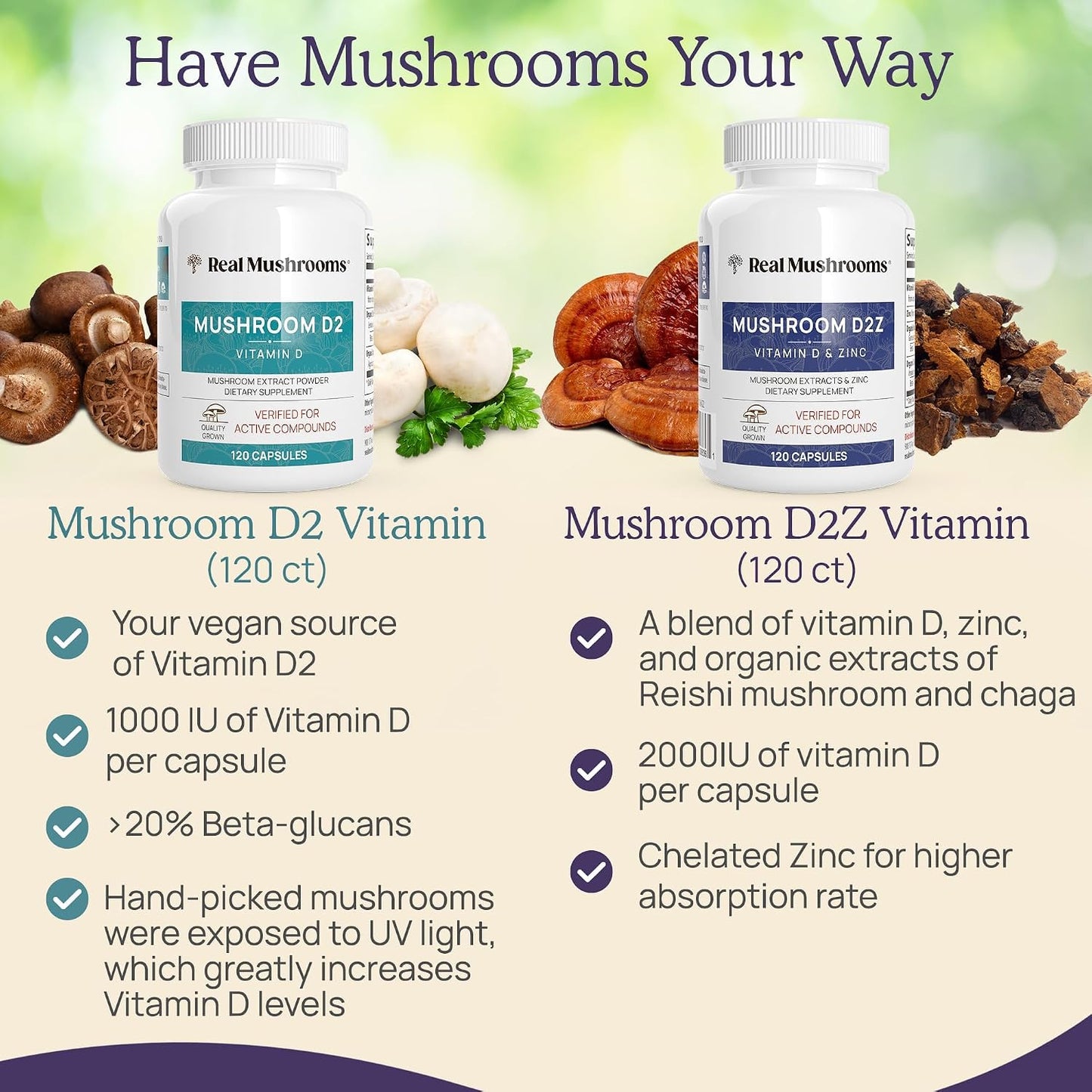 Real Mushrooms Vitamin D2, Zinc, Chaga, Reishi (120ct) and Lion's Mane (120ct) Bundle - Immunity and Cognitive Support, Chelated Zinc for Improved Absorption - Vegan, Gluten Free, Non-GMO
