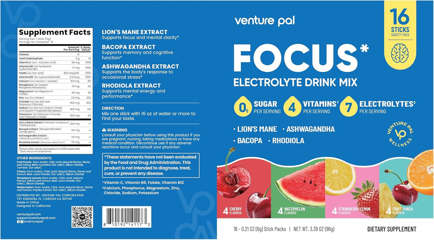 Venture Pal Sugar Free Hydration + Focus Electrolyte Packets, 16 Sticks | 7 Electrolytes + Vitamins, Magnesium, Lion's Mane & Ashwagandha, Boost Clarity & Energy, Electrolytes Powder, Vegan, Keto