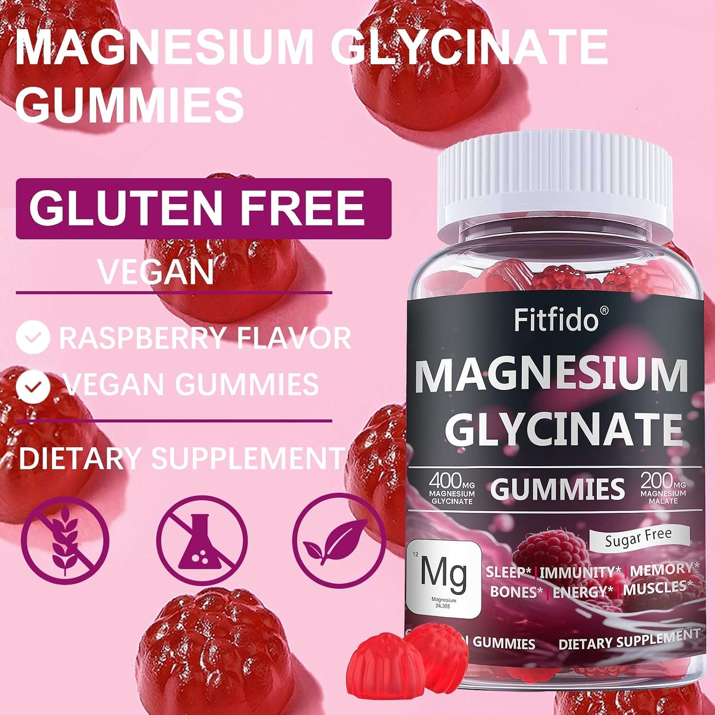 Magnesium Glycinate Gummies 400mg, Sugar Free, 60 Count | Magnesium Glycinate, Daily Wellness, Relaxation & Muscle Support, No Melatonin, Sugar Free, Vegan, Raspberry