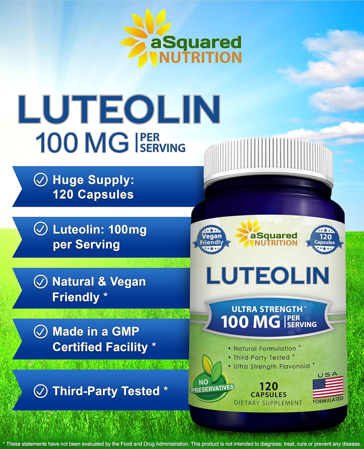 Luteolin 100mg - 120 Capsules - Luteolin Supplement & Powder Complex Pills Commonly Taken with Quercetin - Supports Brain & Memory Health