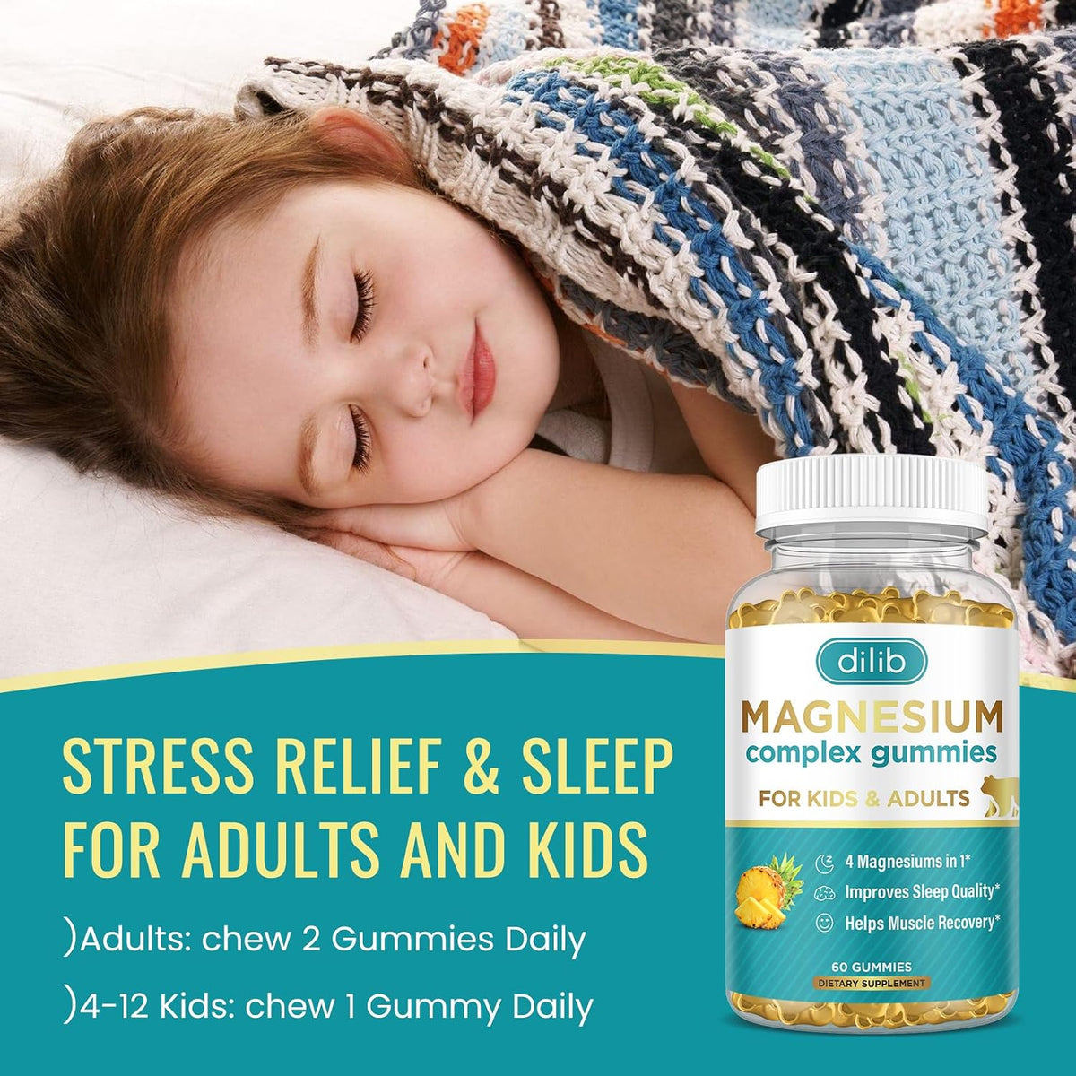 Magnesium Complex Gummies for Kids & Adults- Calm Chewable Gummies- Magnesium Glycinate, Taurate, Citrate, Malate, Supplement-Support Calm Stress Relief, Bone, Muscle, Mood Vegan, 60 Count (Pack of 1)