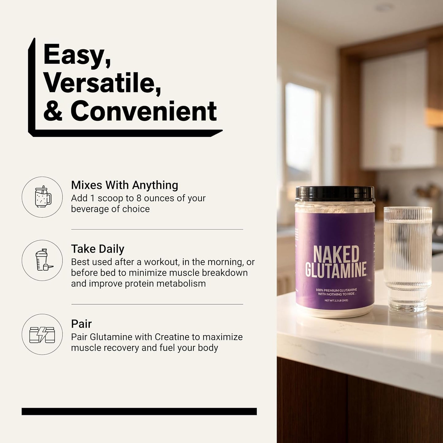 Pure L-Glutamine Made in the USA - 200 Servings - 1,000g, 2.2lb Bulk, Vegan, Non-GMO, Gluten and Soy Free. Minimize Muscle Breakdown & Improve Protein Synthesis. No Additives