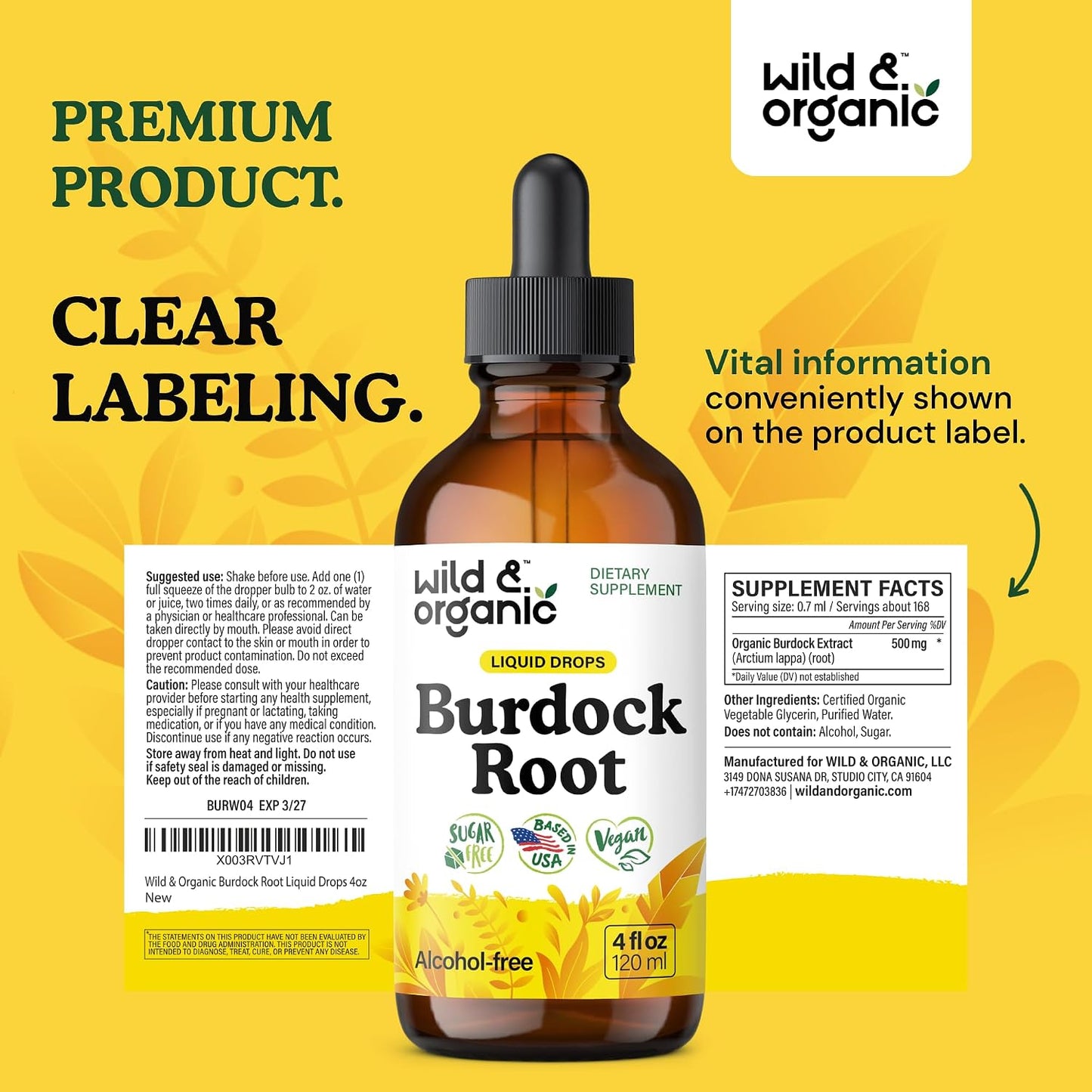 Wild & Organic Burdock Root Tincture - Antioxidant, Detox & Lymphatic Support - Burdock Root Extract Drops - Arctium Lappa Herb Supplement - Add to Tea - Vegan, Sugar & Alcohol-Free - 4 fl oz