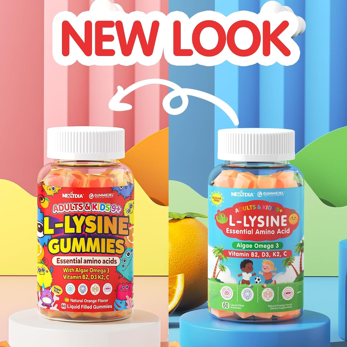L-Lysine Gummies 500/1000mg with Algae Omega 3, Vitamin B2, D3, K2, C for Kids 9+, Teen & Adult, Lysine Supplement Support Immune, Lip & Oral, Collagen Production, Brain, Bone Health, Sugar Free 1Pack