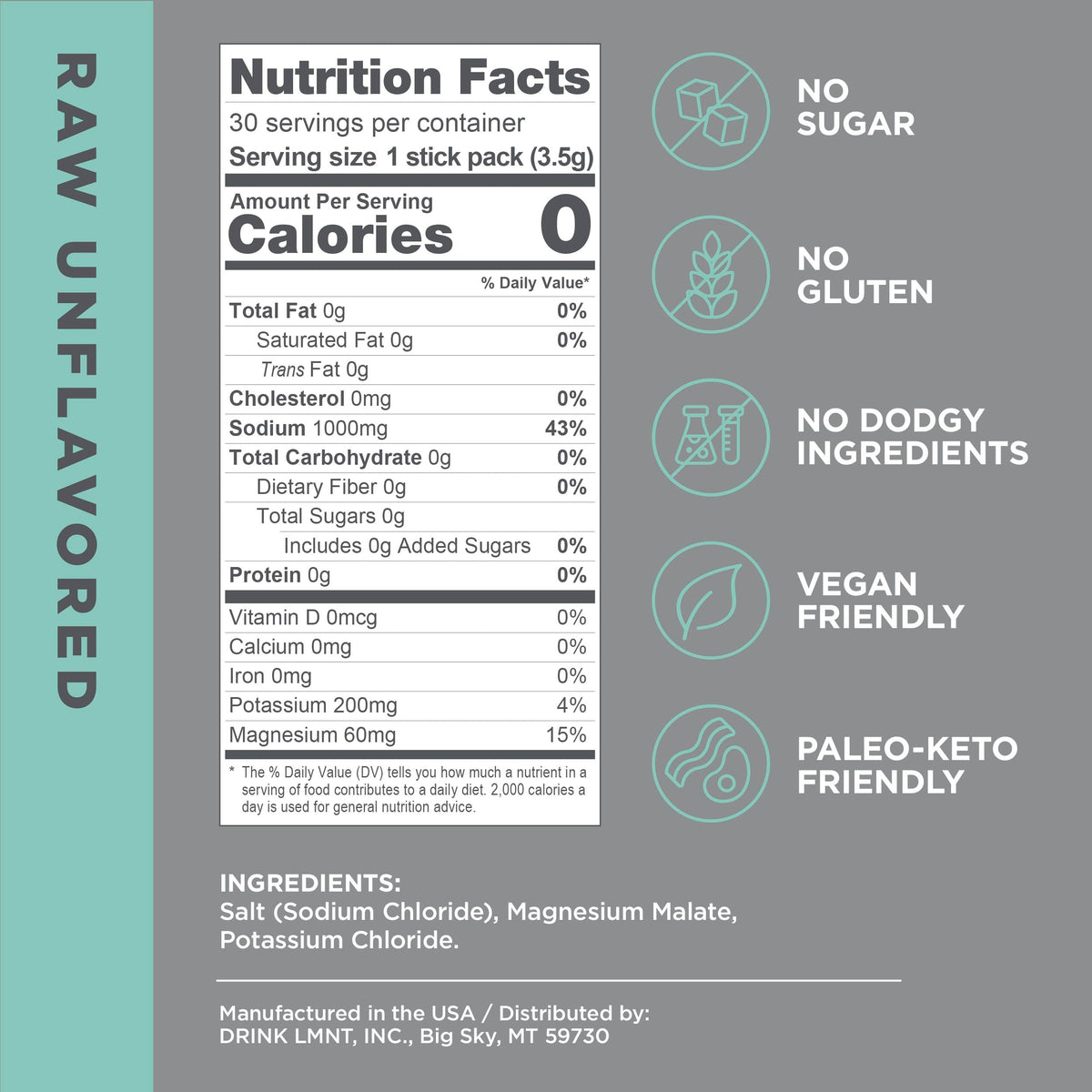 LMNT Zero-Sugar Electrolytes - Raw Unflavored Salt - Hydration Powder Packets