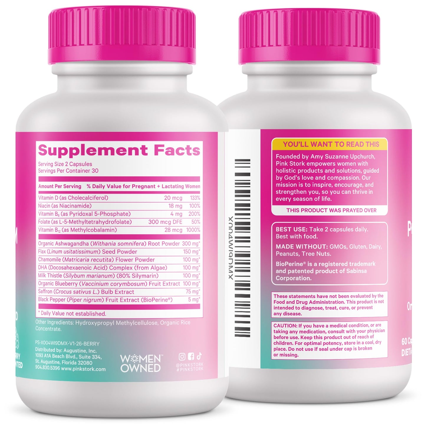 Pink Stork Postpartum Mood Support, 30-Day Supply | Postnatal Supplement for Women, Breastfeeding Friendly, Ashwagandha, Saffron, DHA, Methylated B12, Stress & Cognitive Support