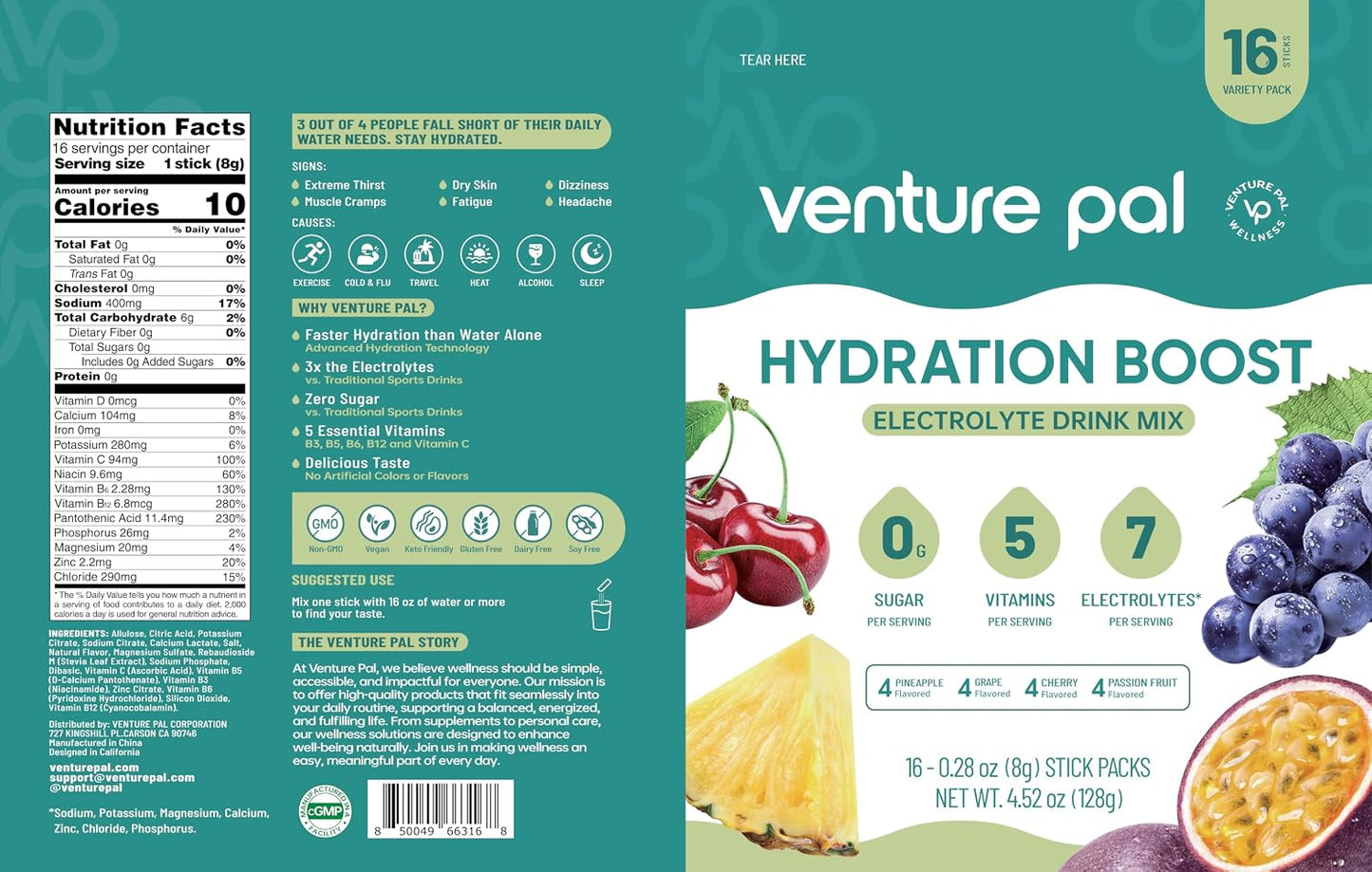 Venture Pal Sugar Free Electrolyte Packet, Liquid Daily IV Hydration Powder | 5 Vitamins & 7 Electrolytes, Instantly Hydration Packets for Sports & Party Recovery, Vegan, Keto Friendly, 16 Sticks