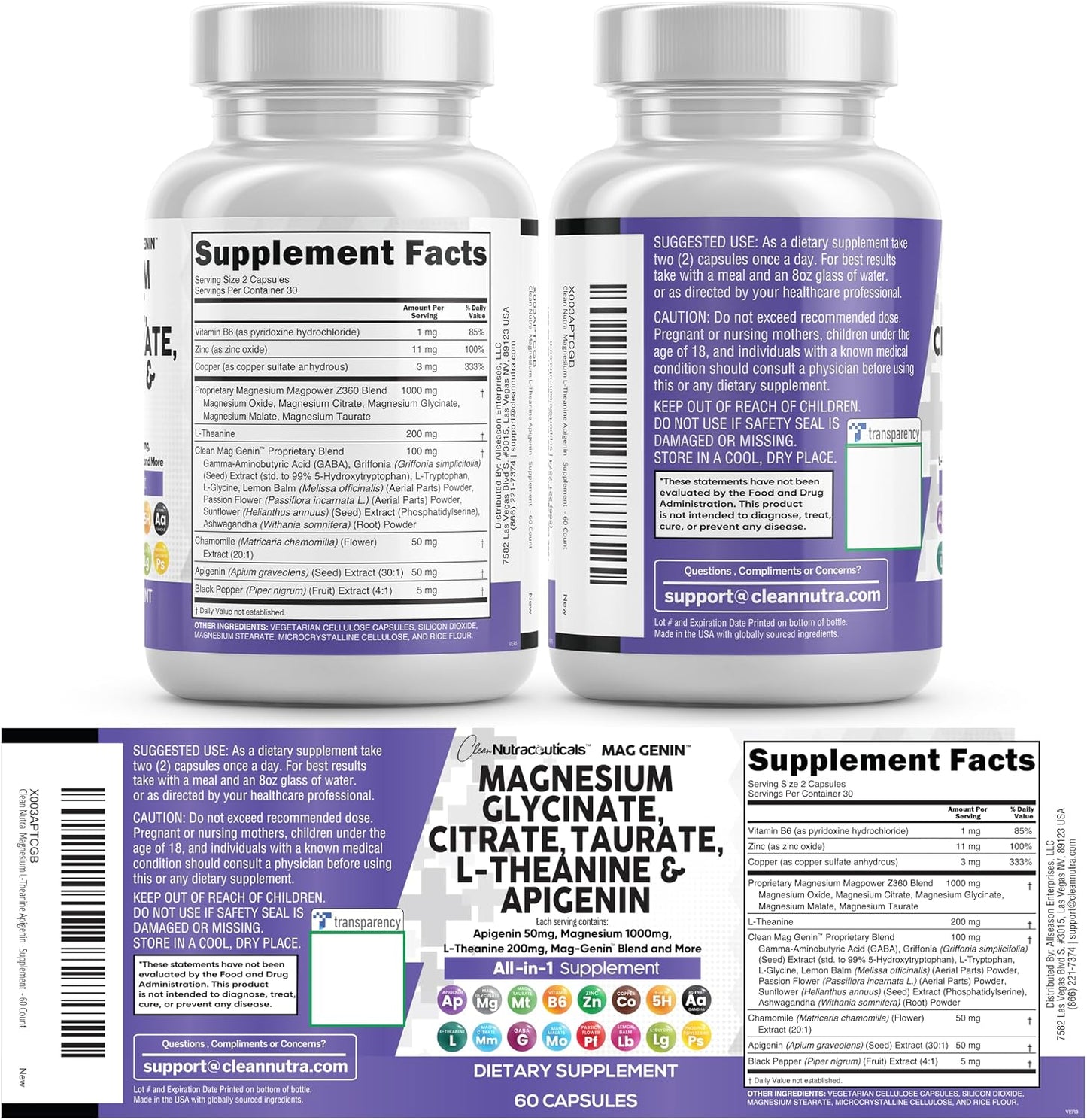 Clean Nutraceuticals Magnesium Glycinate Complex 1000mg with L-Theanine 200mg Apigenin 50mg Citrate Taurate Supplement - 5-HTP GABA Passion Flower Lemon Balm L-Glycine Phosphatidylserine - 60 Count