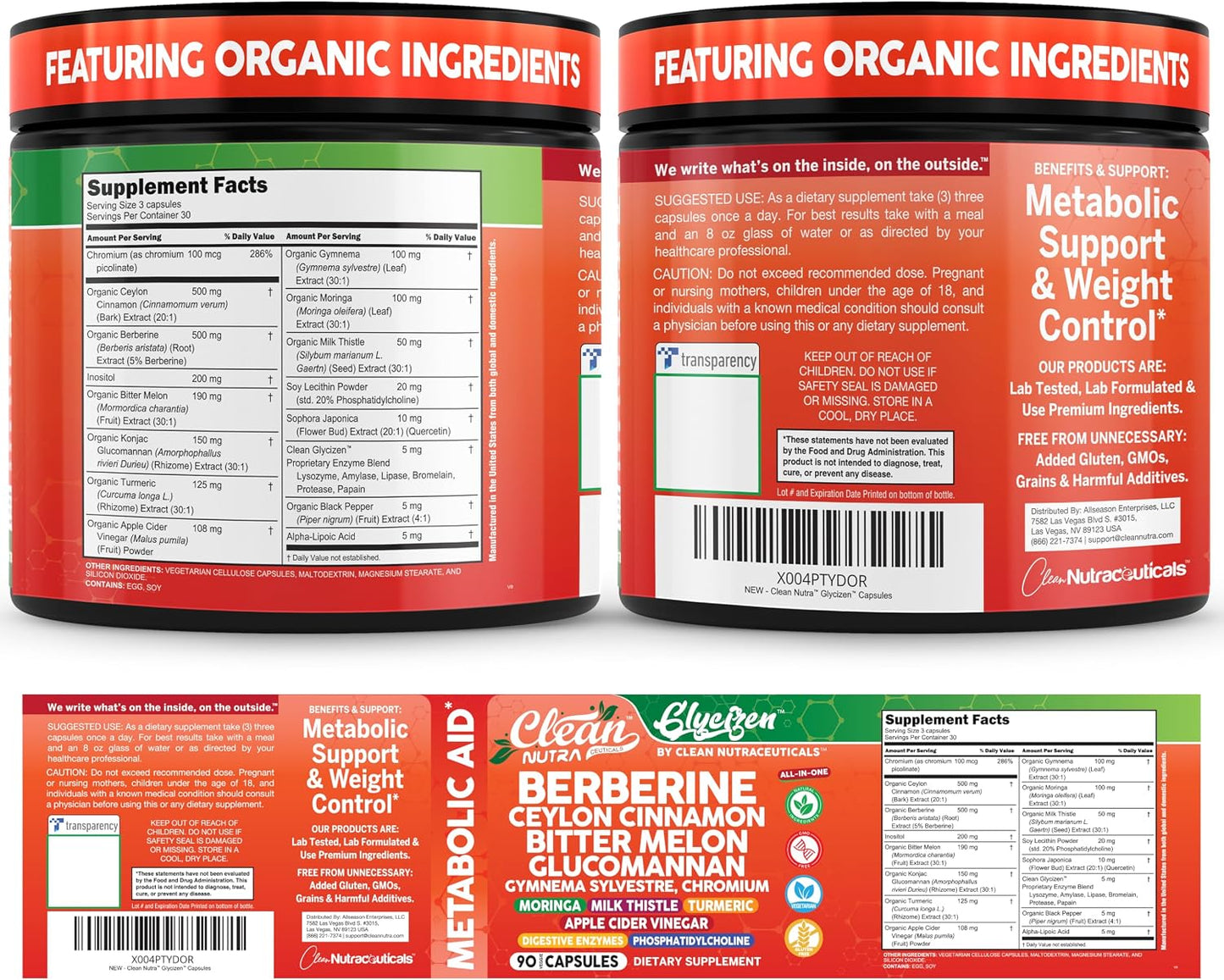 Clean Nutra Berberine and Ceylon Cinnamon Supplement Bitter Melon Glucomannan Gymnema Sylvestre Chromium Moringa Milk Thistle Turmeric Apple Cider Vinegar Digestive Enzymes Inositol Pills 90 Capsules