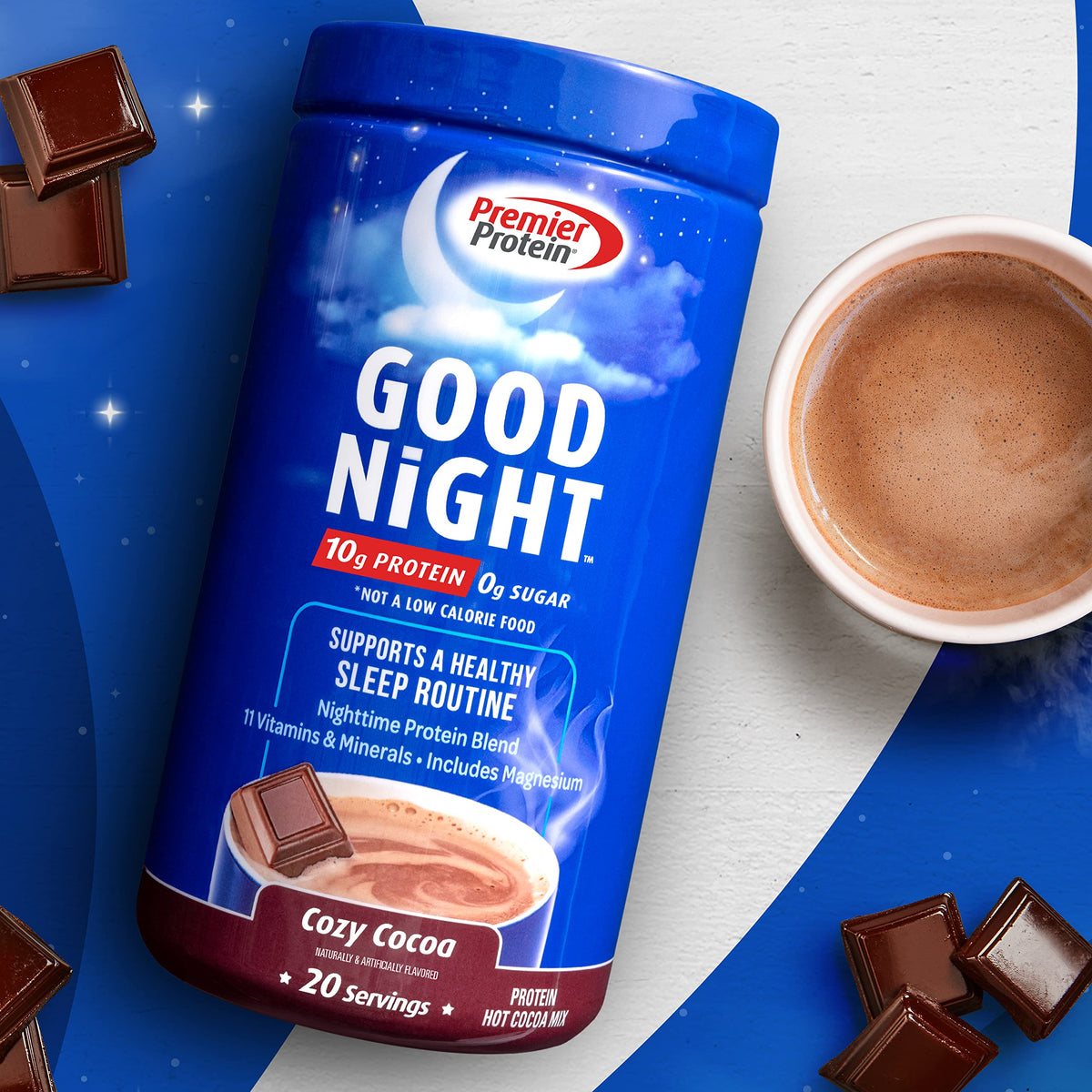 Premier Protein Good Night Protein Powder, Hot Cocoa Mix, 10g Protein, 0g Sugar