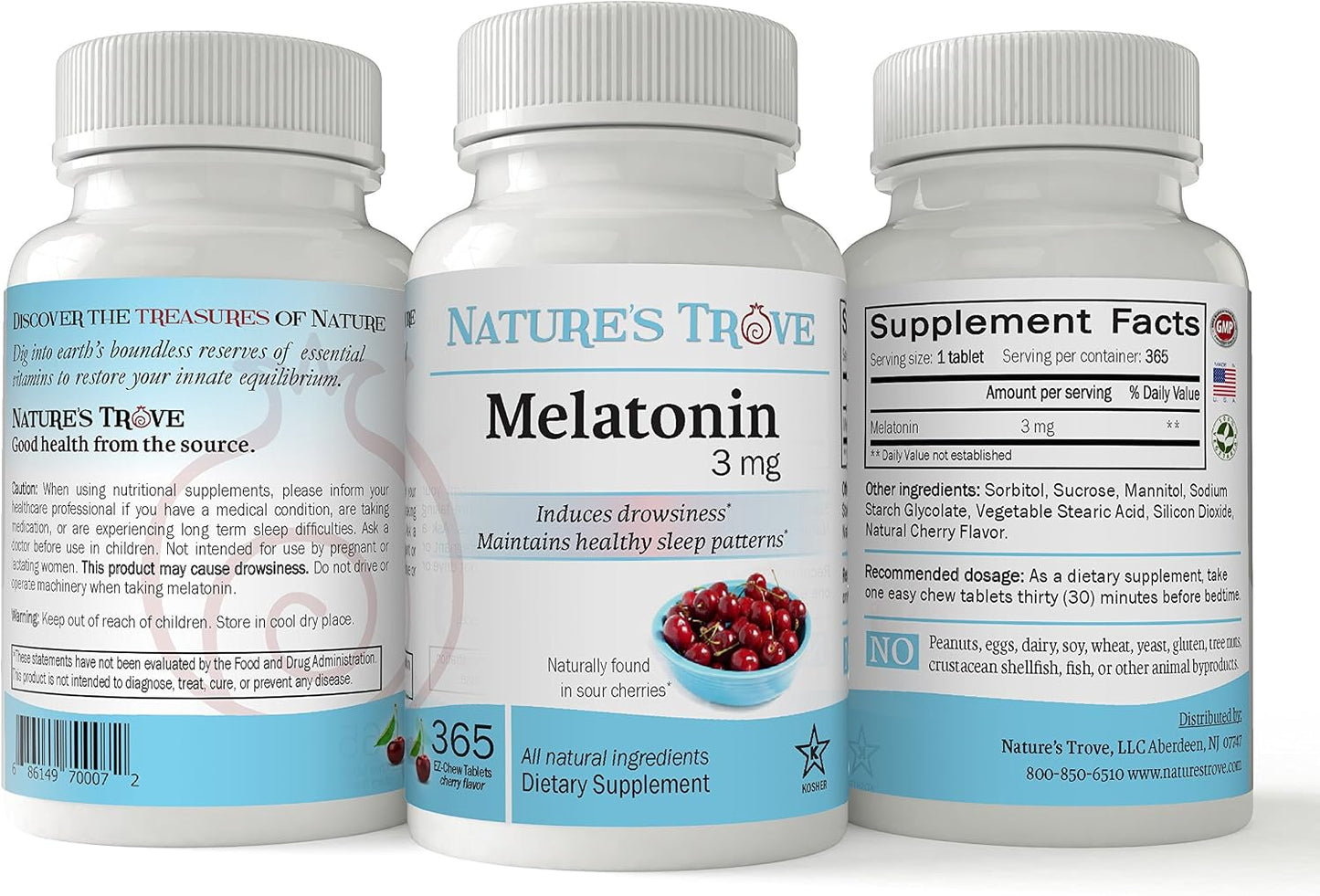 Nature's Trove Melatonin 3mg Chewable, 365 Chewable Melatonin Cherry Flavor Tablets