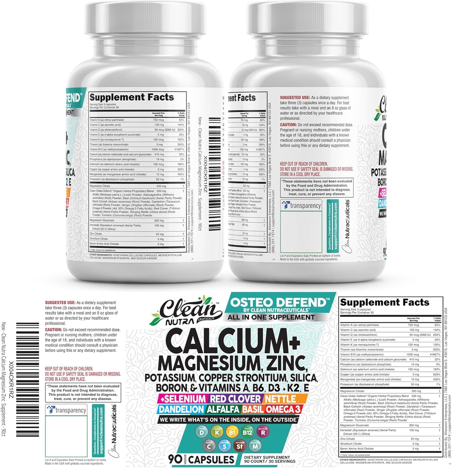 Allin1 Calcium Magnesium Zinc Supplement with Potassium, Copper, Strontium, Silica, Vitamin D3 K2, Boron, Vitamin B1 B12 Red Clover Herb Alfalfa Basil Pills for Men & Women Clean Nutra Osteo Defend