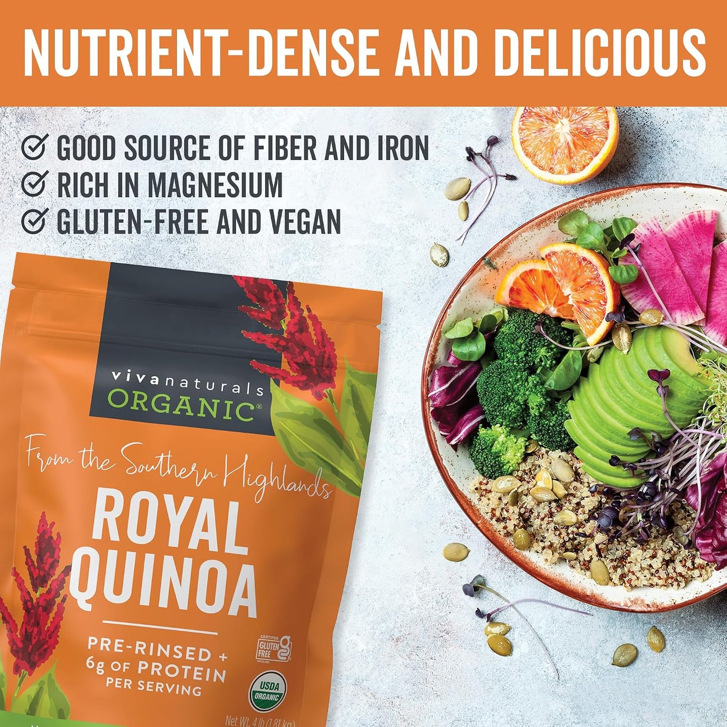 Viva Naturals Organic Quinoa, 4 lb – Pre-Washed Whole Grain, Plant Protein, USDA Organic, Gluten-Free, Non-GMO, Vegan, Kosher Rice and Pasta Substitute