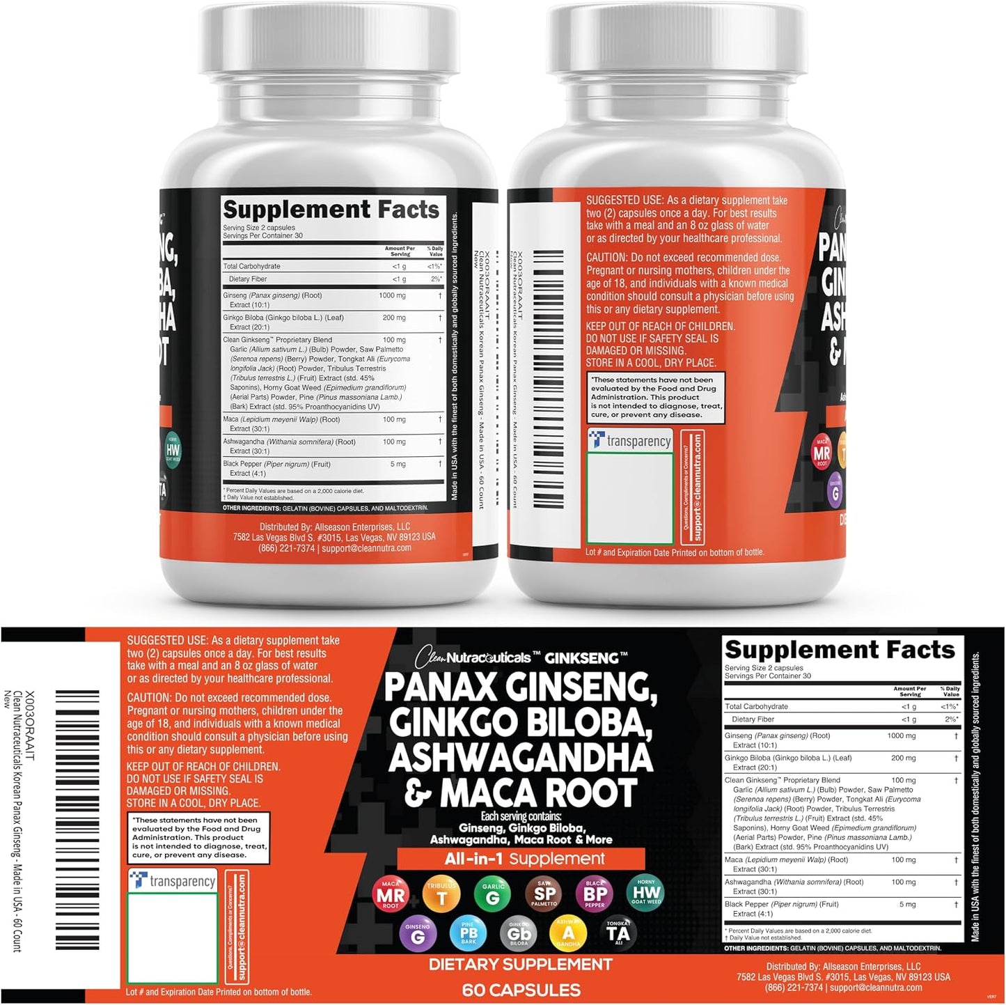 Clean Nutraceuticals Panax Ginseng Ginkgo Biloba Ashwagandha Maca Root - Focus Supplement Pills for Women and Men with Pine Bark Extract, Garlic, and Saw Palmetto - 60 Caps