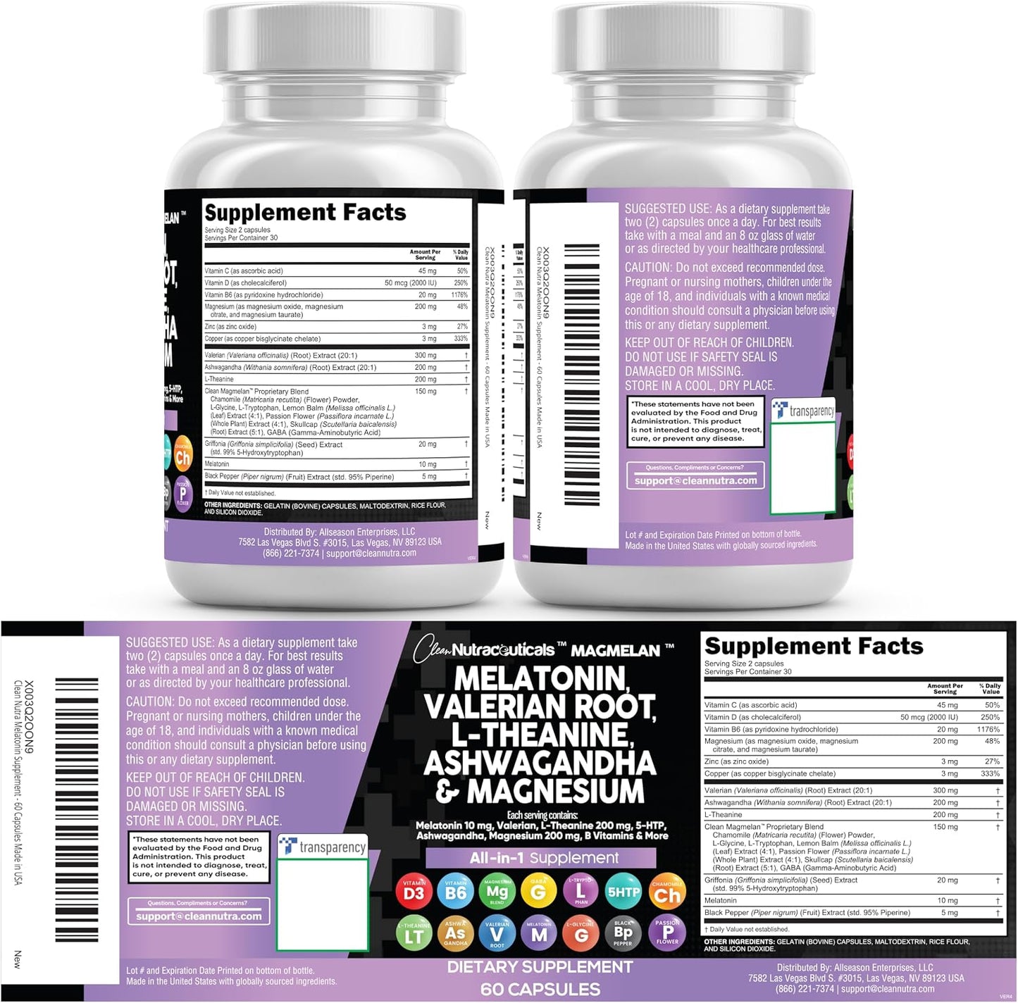 Clean Nutraceuticals Melatonin 10mg Valerian Root L Theanine 200mg Ashwagandha - Sleep Support for Women & Men with Magnesium Complex, Lemon Balm, Chamomile, & Passion Flower - 60 Caps