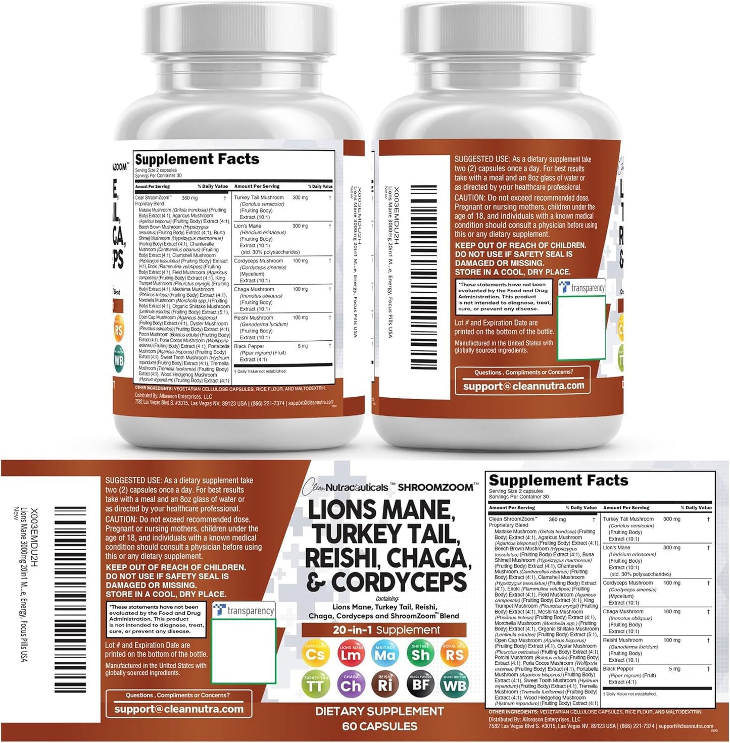 Clean Nutraceuticals Lions Mane 20in1 Mushroom Supplement with Turkey Tail Reishi Cordyceps Chaga Maitake Meshima Poria Cocos Shiitake Oyster Porcini Enoki - 1 Pack