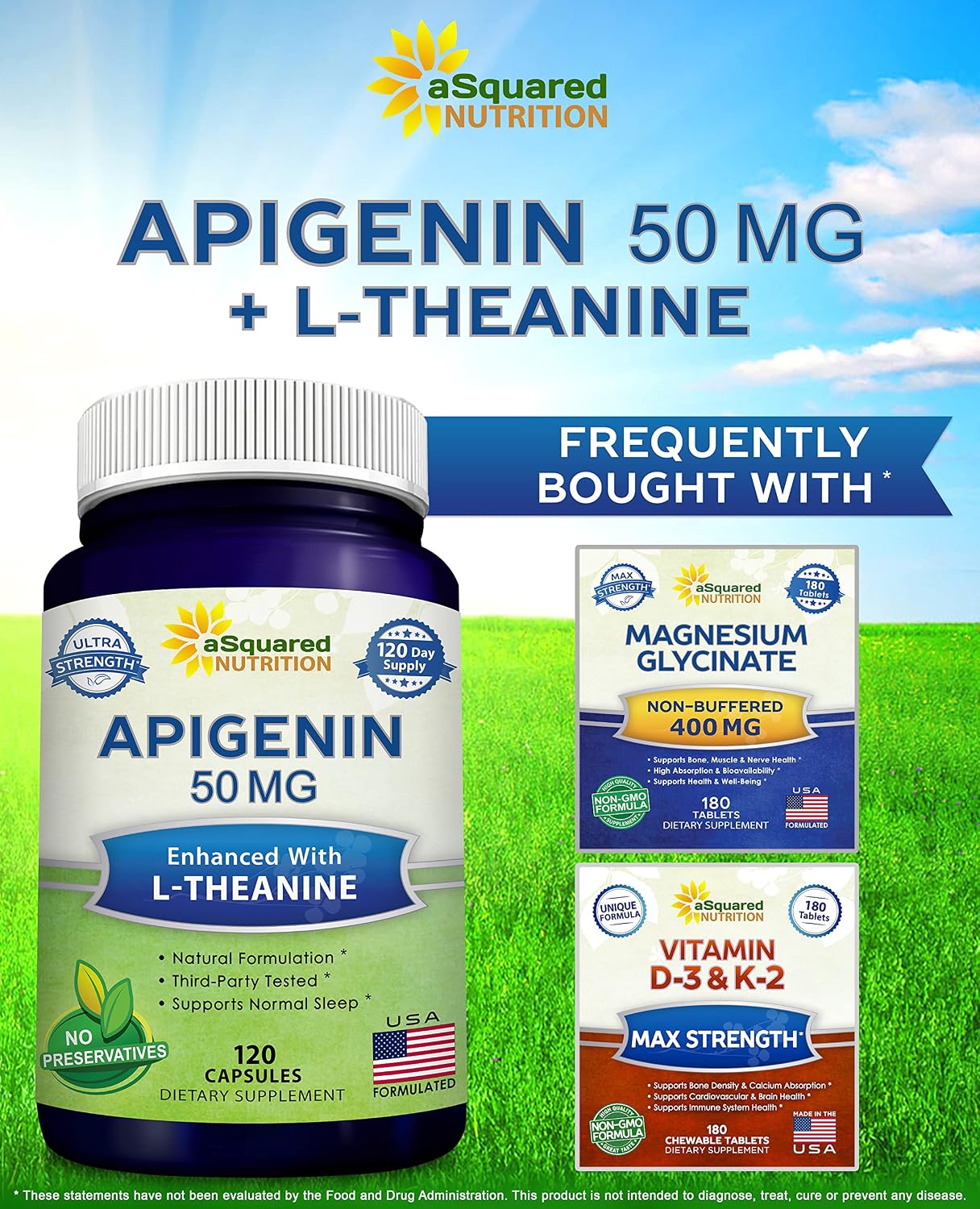 aSquared Nutrition Apigenin 50mg & L-Theanine 200mg - 120 Capsules - Apigenin Supplement Pills for Sleep and Relaxation - Natural Bioflavonoid Extract Found in Chamomile Tea | Apigenin Supplement Pills for Relaxation - Natural Bioflavonoid Extract Powder