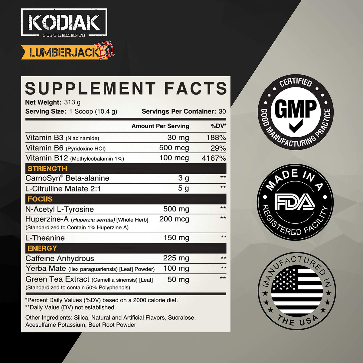 Kodiak Supplements LUMBERJACKED Pre-Workout Supplement with CarnoSyn 30 Servings