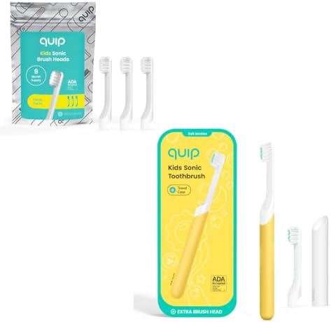 Quip Sonic Toothbrush for Kids with Replacement Heads 3 Pack Product Bundle - Includes Travel Cover Mount - Soft Bristles, Compact and Flexible - Yellow
