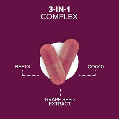 Qunol Beets Capsules for Blood Pressure Support, 3 in 1 Beets + CoQ10 + Grape Seed