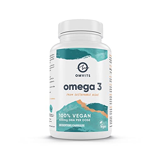 Omvits Vegan Omega 3 DHA from Algae Oil 1000mg - 60 Softgel Capsules with Vitamin E 