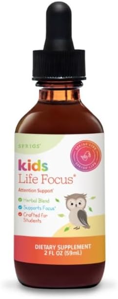 SPRIGS Kids Life Focus Supplement, 2 Fl Oz | Herbal Blend Tincture for Students to Support Concentration | Organic Herbs Ashwagandha & American Ginseng Root Help with Brain Function & Mental Clarity