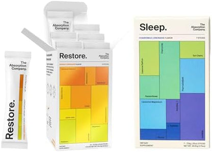 The Absorption Company Boost Bundle - Sleep 7PK & Restore 14PK Supplements | Workout Recovery Mix, Energy Hydration Boost + Calming Sleepy Drink Packs, No Melatonin, Vitamin Health Kit, High Absorption