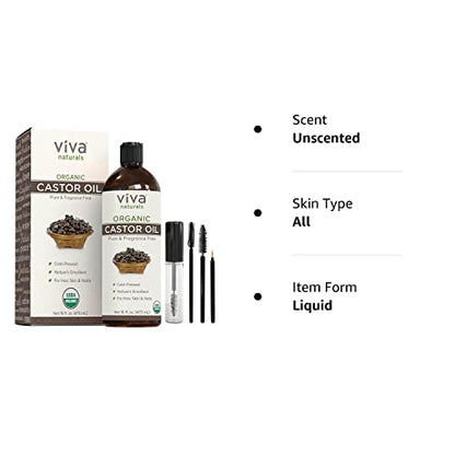 Viva Naturals Organic Castor Oil, 16 fl oz - Cold Pressed Castor Oil for Skin, Hair and Lashes - Traditionally