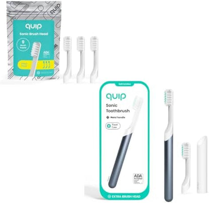 Quip Metal Sonic Electric Toothbrush for Adults with Replacement Heads Product Bundle - Timed Ravel with Soft Bristles and Travel Case with 3 Pack Brush Head Refills - Twilight Faded Blue