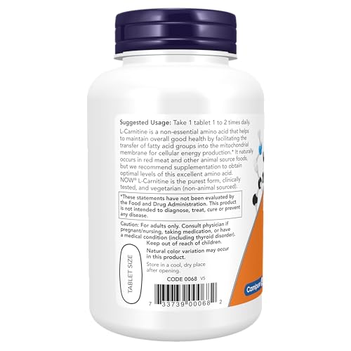 NOW Supplements, L-Carnitine 1,000 mg, Purest Form, Amino Acid, Fitness Support