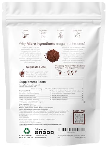 Sustainably US Grown, Organic Mega Mushroom 10 in 1 Complex Formula Powder