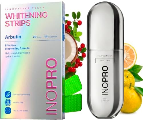 InoPro Teeth Whitening Strips 14 Treatments Kit + Foam Mouthwash with Nano-Hydroxyapatite, Xylitol, Hyaluronic Acid, Vinamin C - Yuzu Citrus