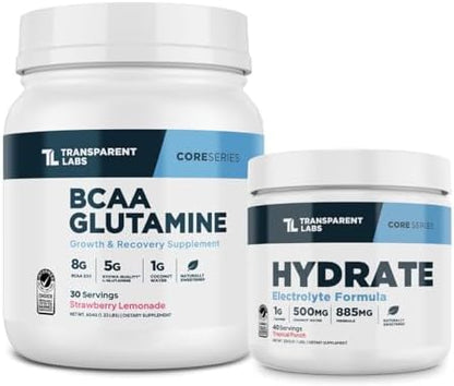 Transparent Labs BCAA Glutamine Powder (30 Servings, Strawberry Lemonade) & Hydrate Electrolytes Powder (40 Servings, Tropical Punch)