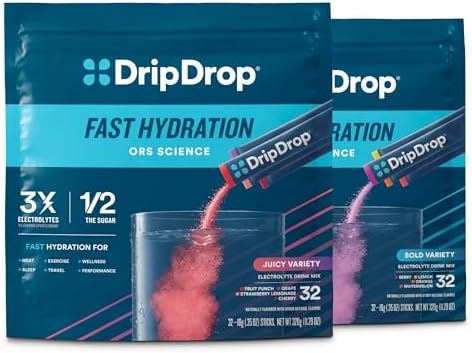 DripDrop Hydration Bold & Juicy Variety Bundle Electrolyte Packets, 64 Ct | Grape, Fruit Punch, Strawberry Lemonade, Cherry, Watermelon, Berry, Lemon, Orange; Single Serve Powder Drink Mix