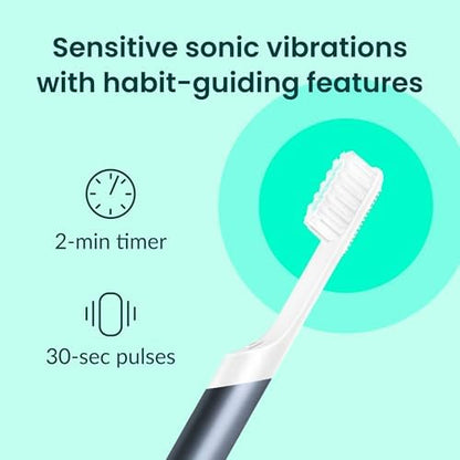 Quip Metal Sonic Electric Toothbrush for Adults with Replacement Heads Product Bundle - Timed Ravel with Soft Bristles and Travel Case with 3 Pack Brush Head Refills - Twilight Faded Blue