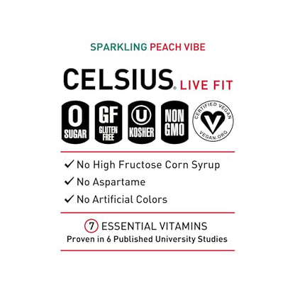 CELSIUS Sparkling Peach Vibe, Functional Essential Energy Drink 12 Fl Oz (Pack of 12)