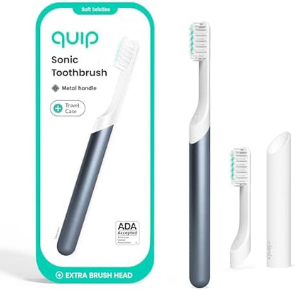 Quip Metal Sonic Electric Toothbrush for Adults with Replacement Heads Product Bundle - Timed Ravel with Soft Bristles and Travel Case with 3 Pack Brush Head Refills - Twilight Faded Blue