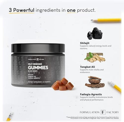 Formulation Factory Self Obsessed Capsules + Shilajit Gummies (Bundle) – Men's Testosterone Booster with Shilajit, Tongkat Ali & Fadogia Agrestis, 10-in-1 Daily Capsule Plus Black Berry Gum