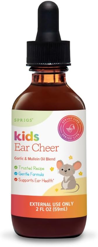 SPRIGS Kids Ear Cheer Tincture to Support Healthy Ears, 2 Fl Oz | Gentle Soothing Formula with Garlic Oil & Organic Mullein to Support Comfort | Easy to Use & Convenient Dropper for Children