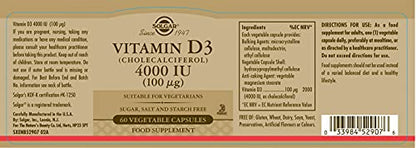 Solgar Vitamin D3 4000 IU (100 µg) Vegetable Capsules - Pack of 60 - Cholecalciferol