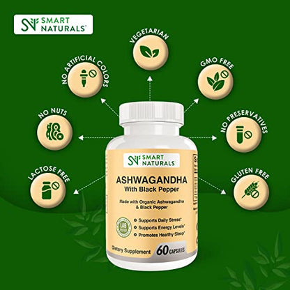 Smart Naturals Organic Ashwagandha with Black Pepper Herbal Supplements, Relieves