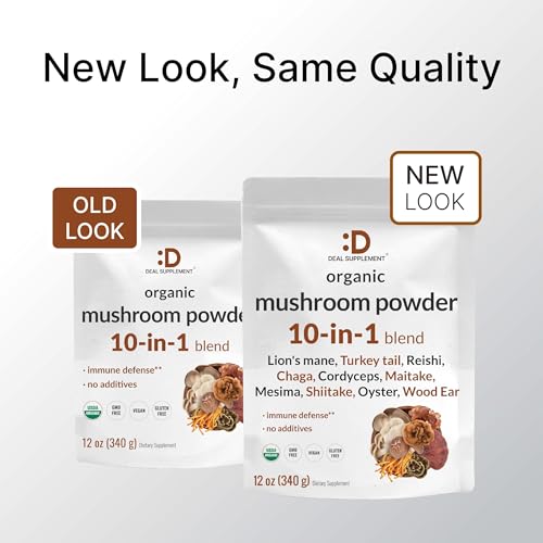 Organic Mushroom Powder Supplement, 12oz – 10 in 1 Active Blend – Turkey Tail, Lions Mane