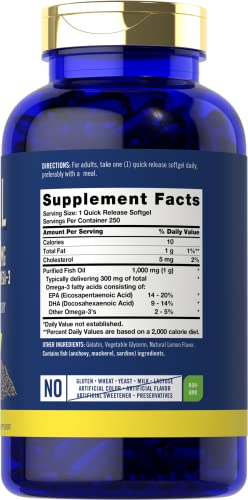 Fish Oil 1000mg | 300mg Omega 3 | 250 Count | Non-GMO and Gluten Free Supplement