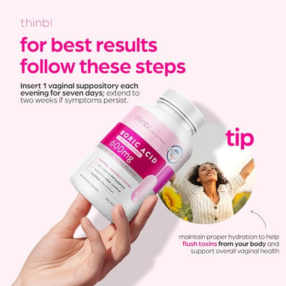 Thinbi Boric Acid Suppositories for Women w/Aloe Vera - BV Treatment & PH Balance