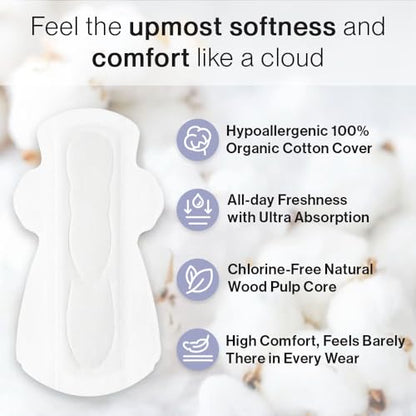 SANDIS Feminine Pad for Women - Large 48 Count 100% Organic Cotton Ultra Thin with Wings