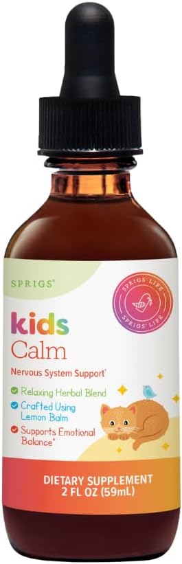SPRIGS Kids Calm Liquid Supplement | Organic Schisandra Berry and Lemon Balm for Calm Nervous System | Herbal Drops for Kinds Relaxation Emotional Balance Sweet Taste Easy Daily Dosing Bottle, 2 Fl Oz